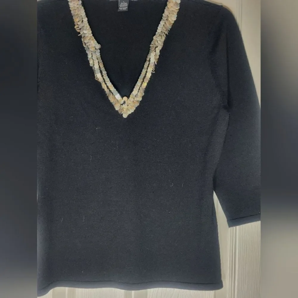 INC LP Black V-Neck Top with Beaded Necklace 3/4Slv SILK Blend Women Top Sweater